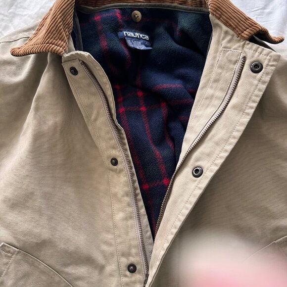 Nautica Mens Detachable Flannel Lining Zip/Snap Up Chore Barn Coat SZ L Tan - Picture 8 of 16